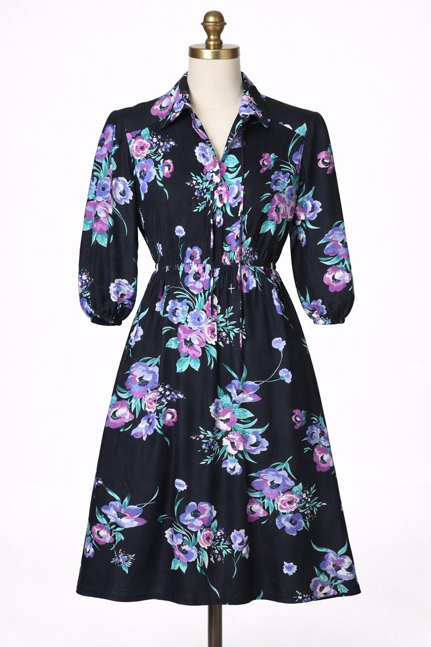 Vintage Floral Dress 1970s California Black Purple Small